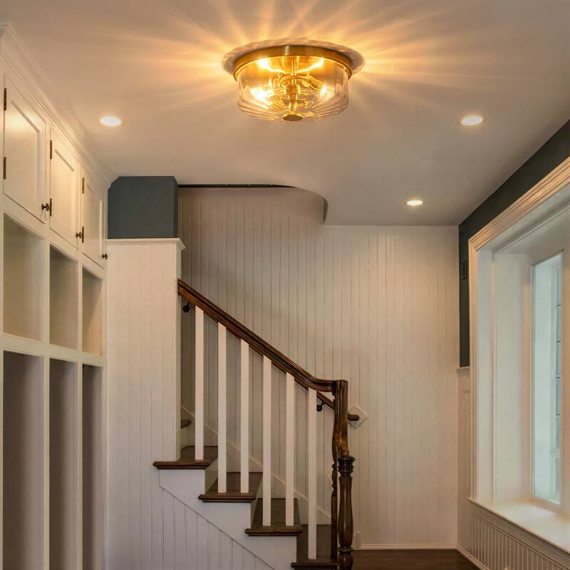 Industrial 2-Light Flush Mount Ceiling Light with Ribbed Glass Shape - 11.8-in W x 5.12-in H