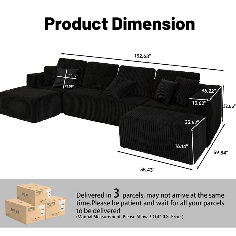 Modular U-shaped Chaise Sectional Sofa Striped Corduroy Compressed Couch with Ottomans and Pillows, Freely Configurable Layout