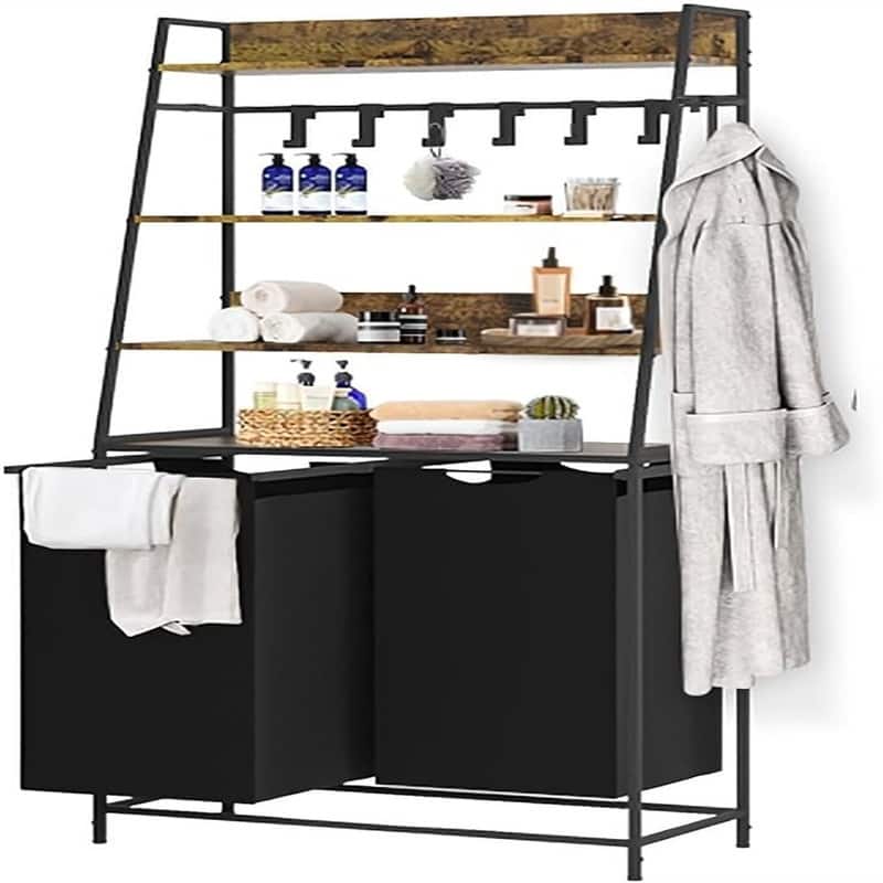 4 Tiers Laundry Hamper with Shelf and Hooks - 29.5 x 11.8 x 61.8  - 29.5 x 11.8 x 61.8  - Rustic Brown