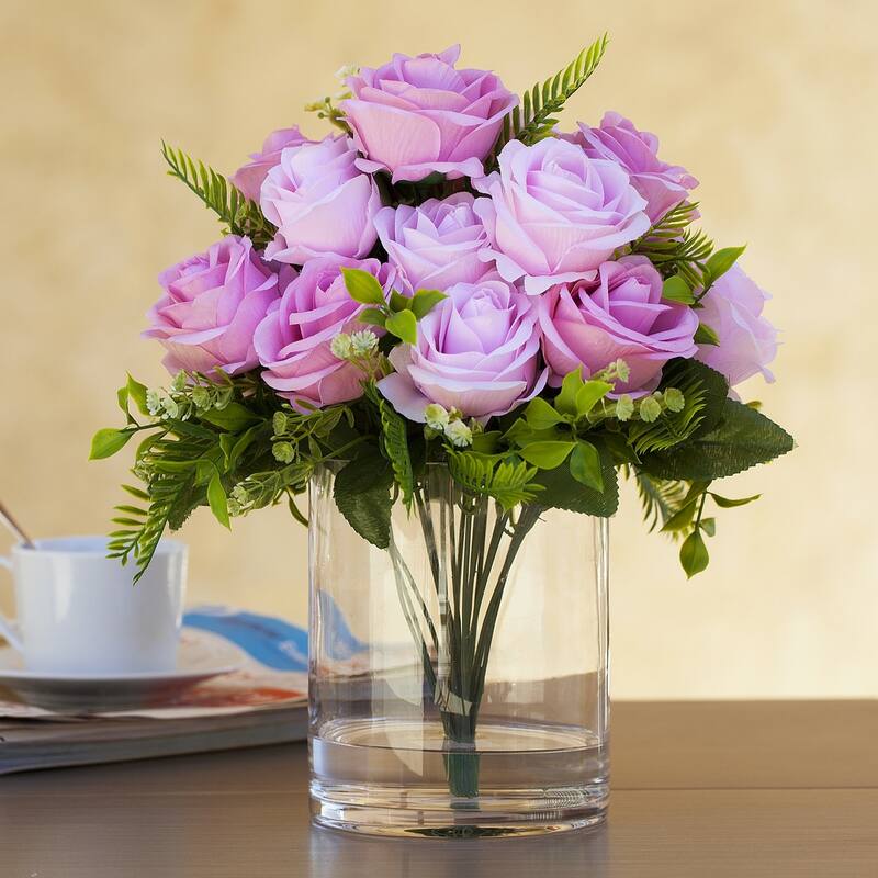 Enova Home Artificial 18 Heads Silk Roses Fake Flowers in Clear Glass Vase with Faux Water for Home Decoration
