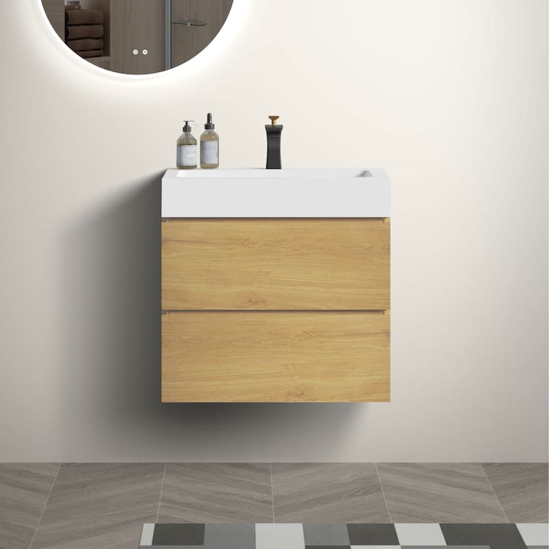24"Bathroom Vanity with Sink,Wall Mounted Floating Bathroom Vanity,One-Piece Glossy White Sink Basin without Drain and Fauce - Oak