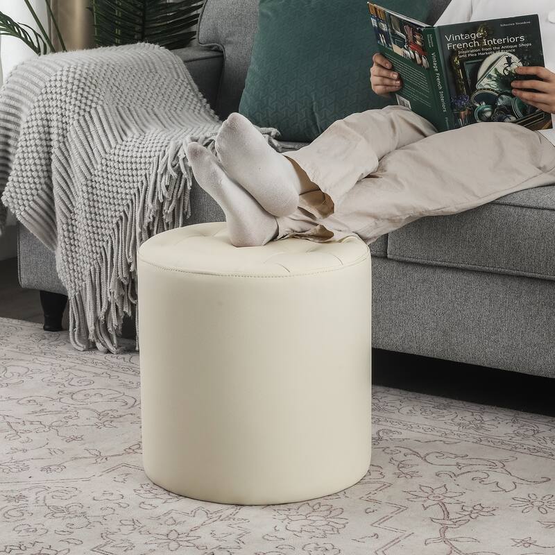 Adeco Round Ottoman Upholstered Tufted Faux Leather Footrest