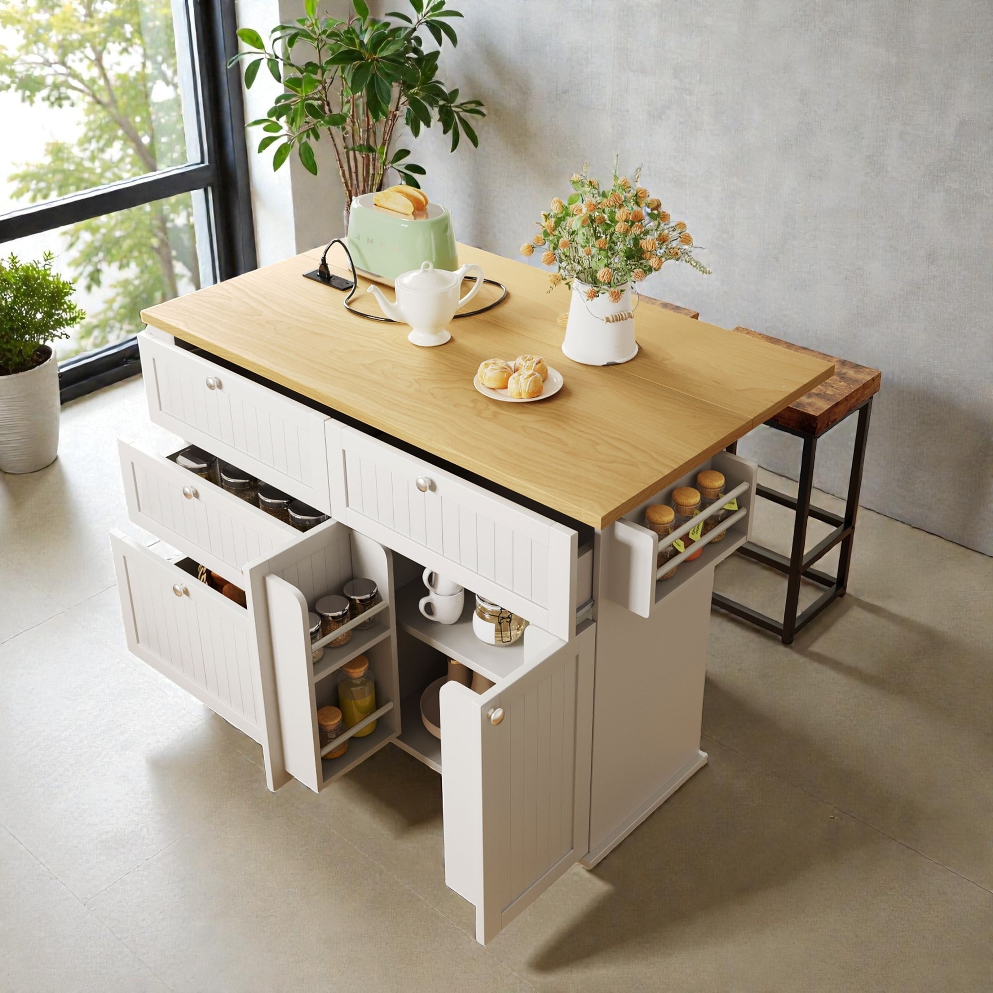 Farmhouse Kitchen Island with Drop Leaf, Power Outlet & 2 Stools, Rolling Storage Cart with Drawers, Shelves & Door Racks
