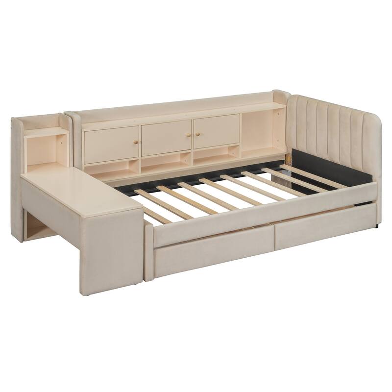 Twin Size Upholstered Daybed with Drawers, Shelves, Flip Cabinets & Side Table
