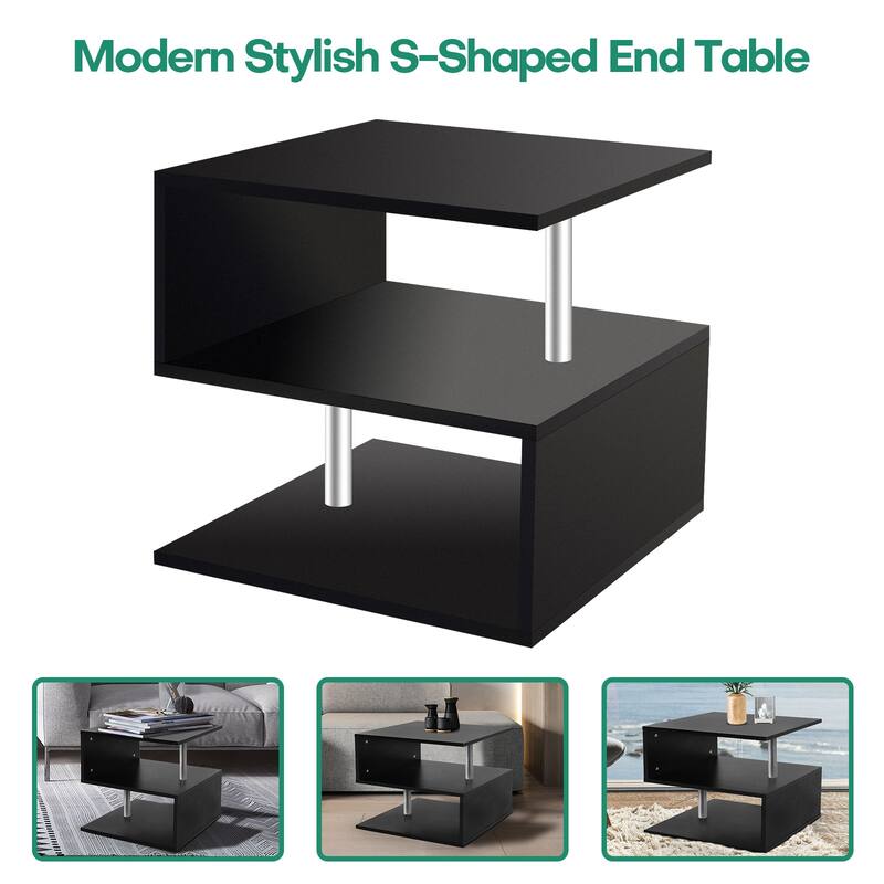 3 Tier S-Shaped End Table Wood Side Table with Storage Shelf - 20.7"H x 17.3"W x 14.9"D
