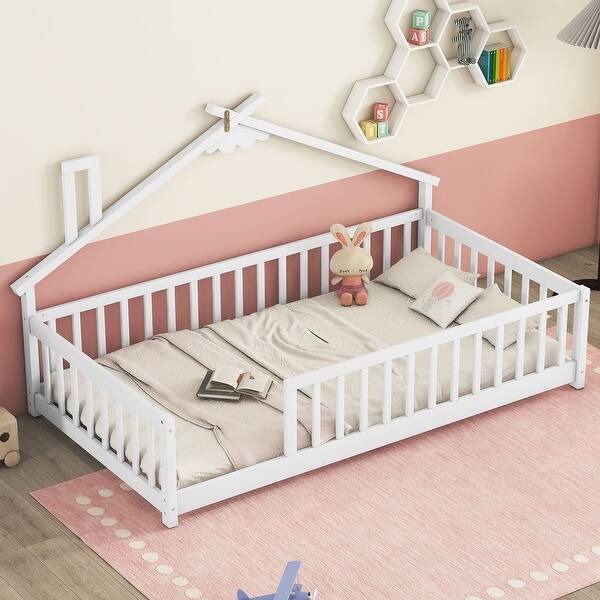 slide 2 of 11, White Twin Size Pine Wood House-Shaped Floor Bed without Door White