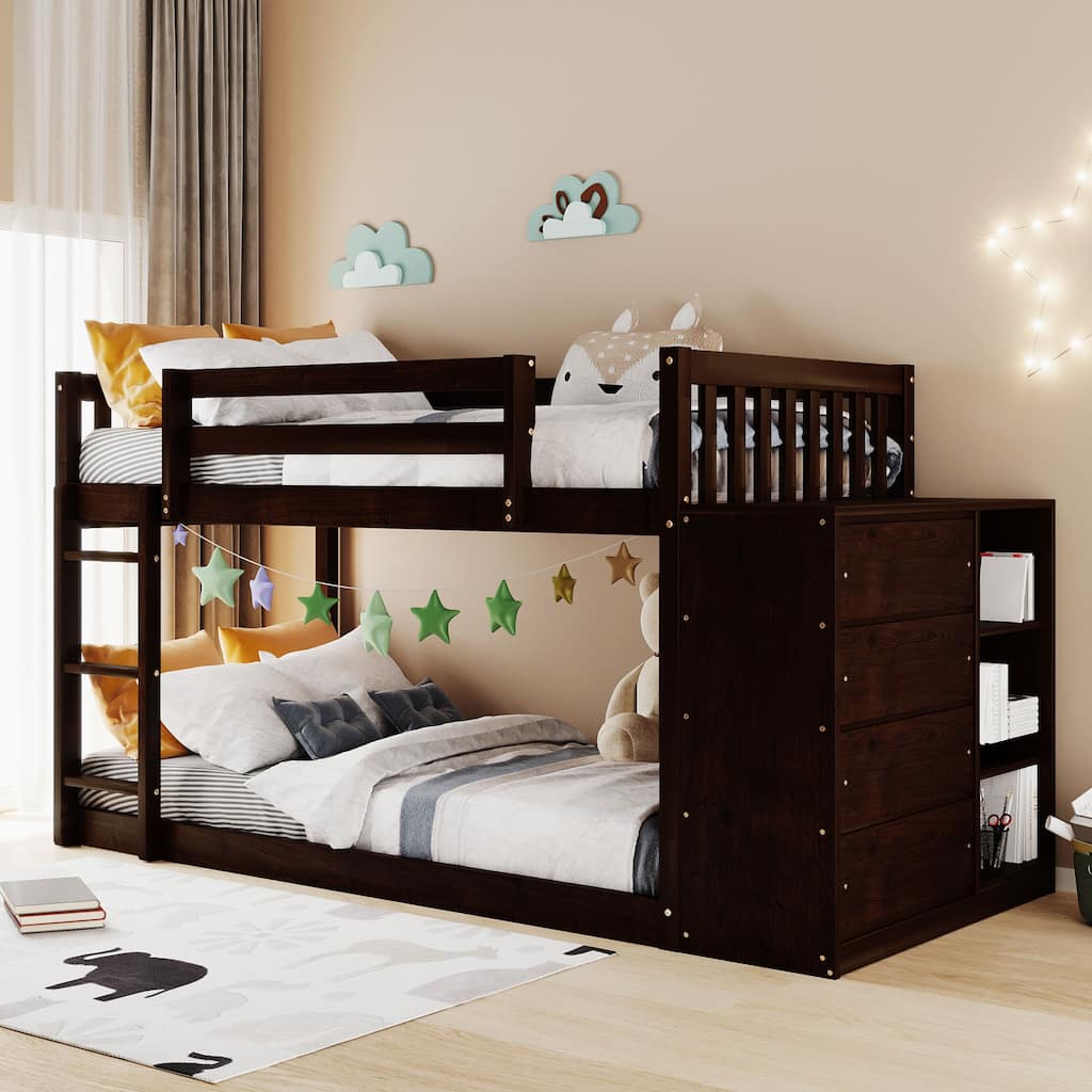 Espresso Pine Wood Bunk Bed with 4 Drawers, 3 Shelves, and Built-in Ladder