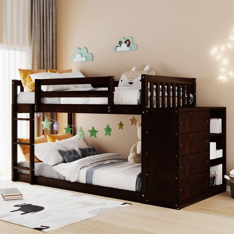 Floor Bunk Bed with Movable Storage Cabinet, Solid Wood Bunkbeds Frame - Espresso - Twin