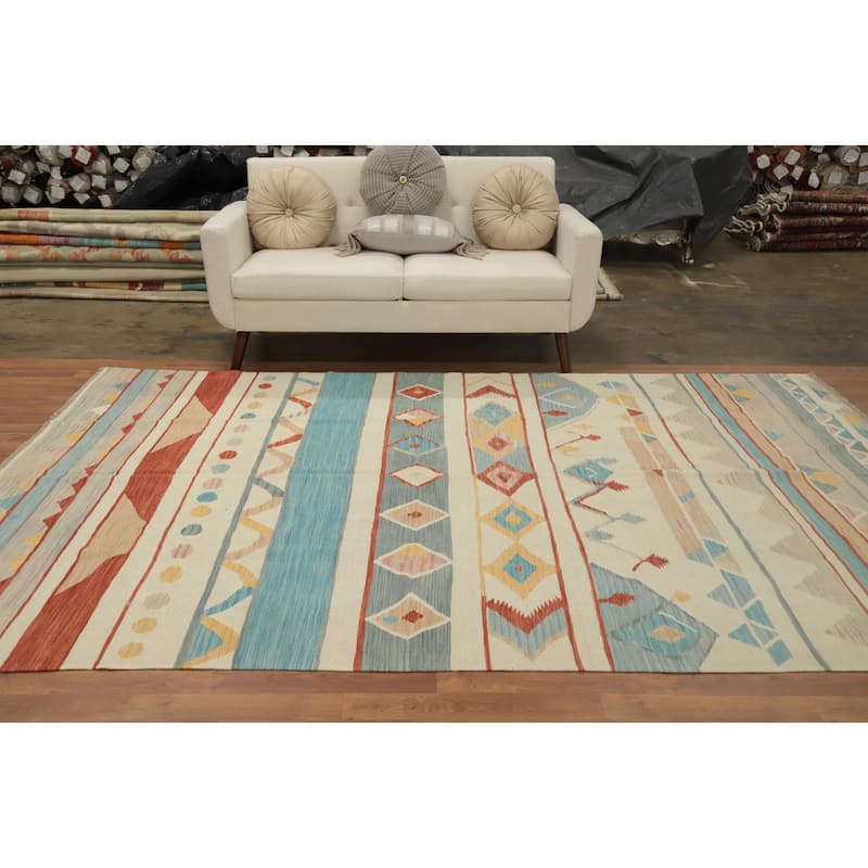 Hand Woven Oriental 100% Wool Carpet Southwestern Tribal Beige & Ivories Kilim Area Rug - 9' 11'' X 6' 7''