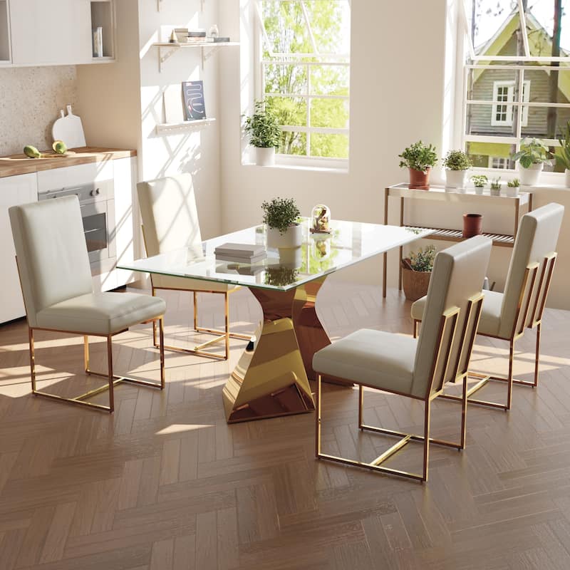 Luxury Gold Dining Table Set with 63 inch Glass Dining Table and White Leather Dining Chairs