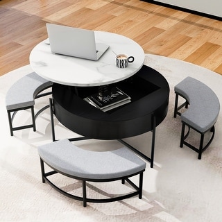 Multi-Functional Round Lift-Top Coffee Table with Nesting Stools - Bed ...