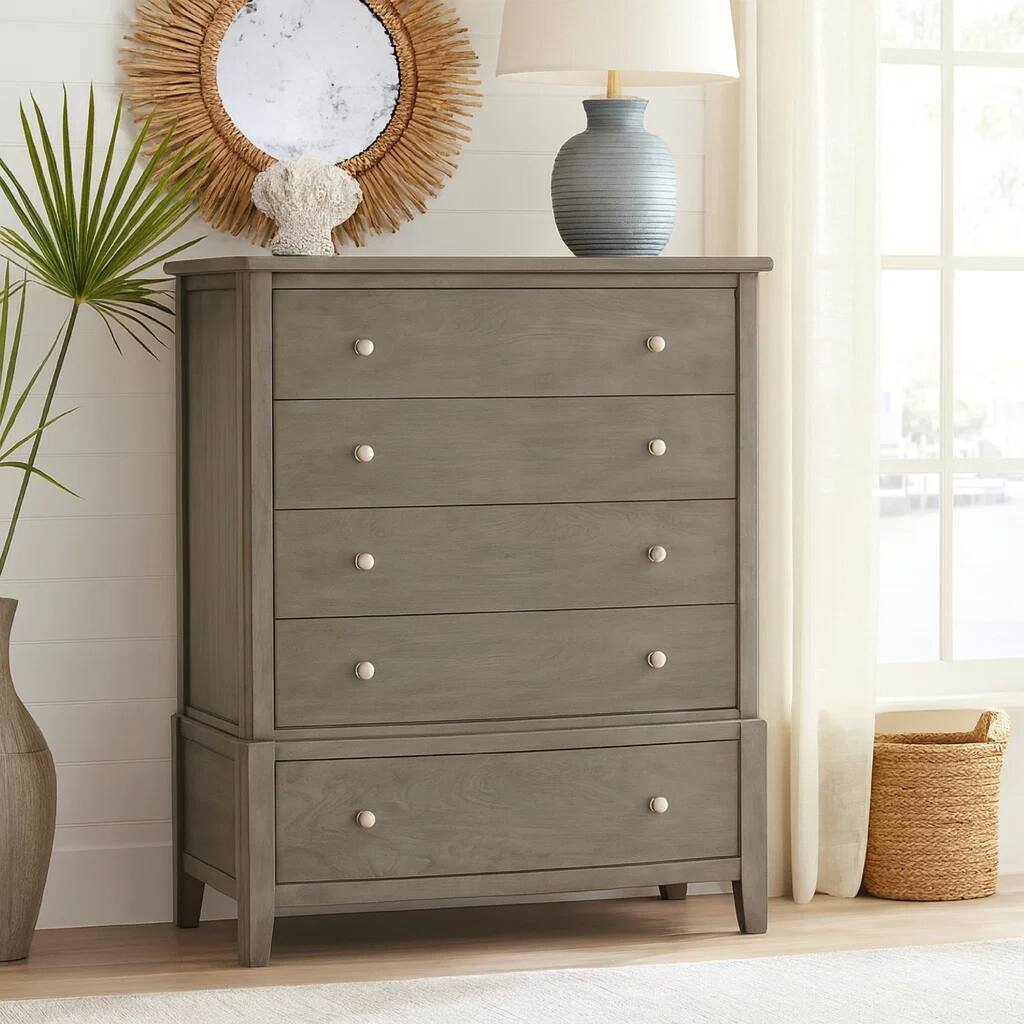 Wooden Chest with Natural Grain Texture Finish and 5 Drawers, Gray