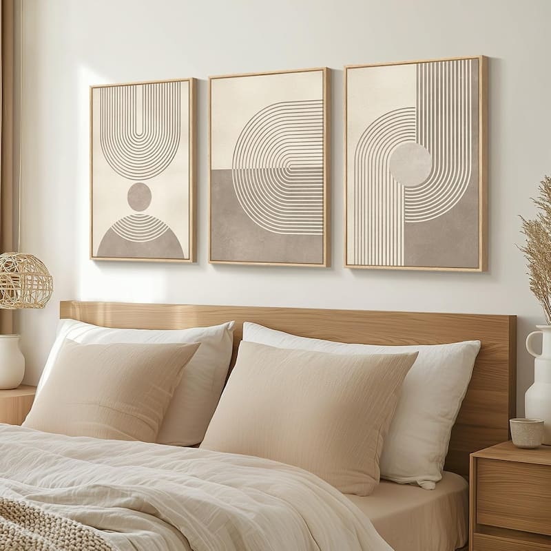3 Piece Mid Century Beige Painting Prints, Brown Modern Geometric