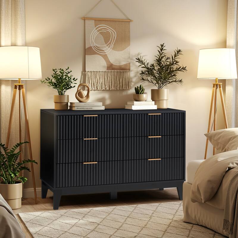 EROMMY Fluted 6-Drawer Dresser – Mid Century Modern Wide Chest with Metal Handles for Bedroom & Living Room