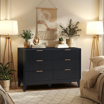 EROMMY Fluted Dresser 6 Drawer Mid Century Modern Dresser Wide Chest of Drawers with Metal Handles for Bedroom Living Room