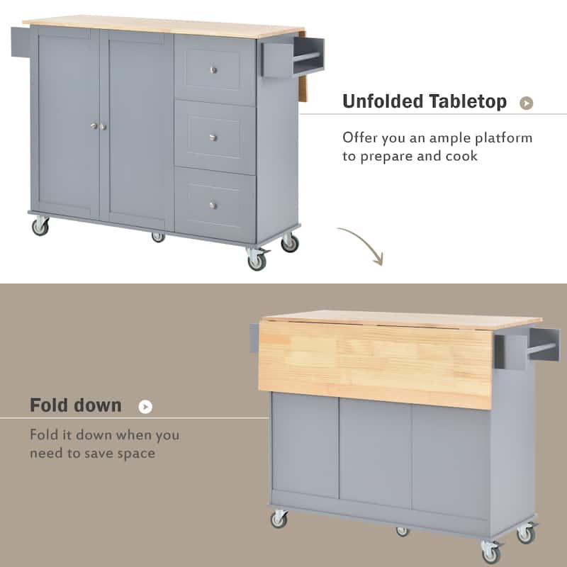 52.7'' Rolling Mobile Kitchen Island with Solid Wood Top