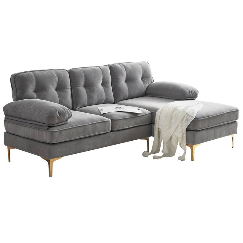 Velvet Sectional Sofas Couches with Pillow Top Arms and Upholstered Backrest, Modern L-Shaped Couches with Metal Legs