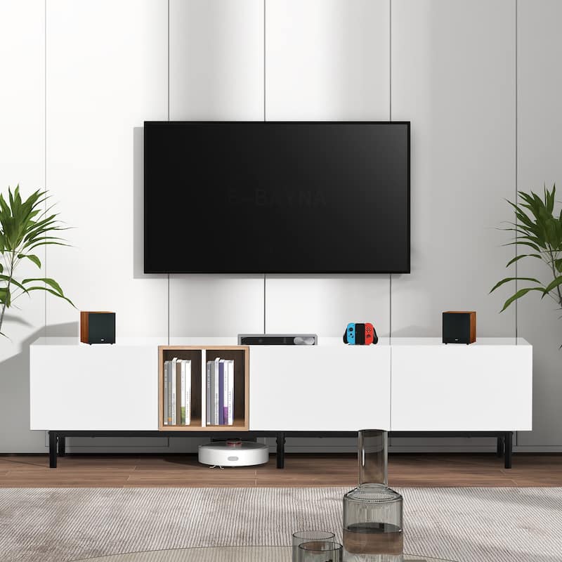 ​​Modern Minimalist TV Stand with 3 Storage Cabinets and Drop Down Doors for Living Rooms and Home Theaters​​ - White