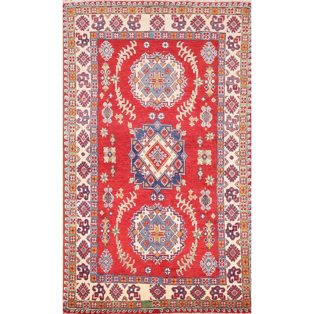 Red Kazak Oriental Accent Rug Handmade Wool Carpet - 3'2" x 5'6"