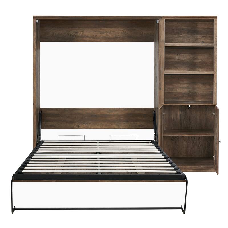 Half Self-Close and Open Murphy Bed with 2 Side Cabinet Storage Shelf
