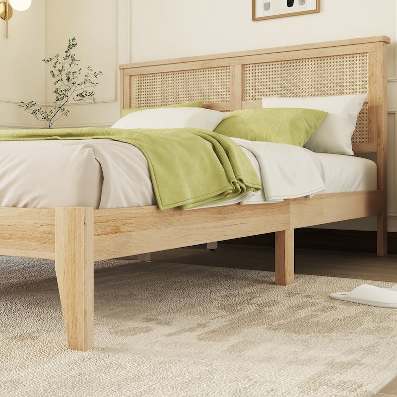Queen Size Rubberwood Bed Frame with Rattan Headboard, Solid Wood Queen Platform Bed, Wood Slats Support