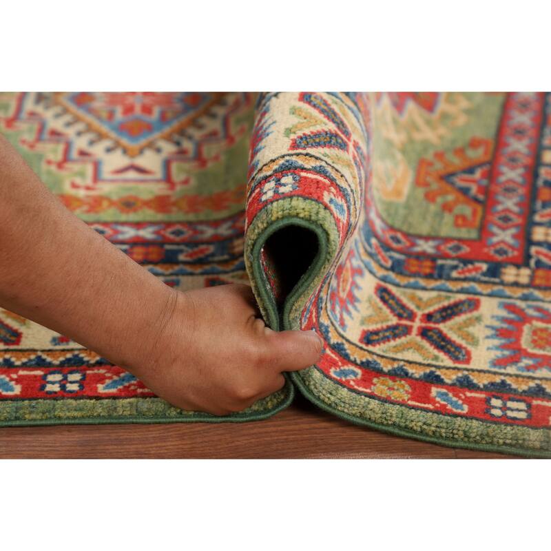 Light Green Kazak Oriental Accent Rug Handmade Wool Carpet - 3'2" x 4'11"