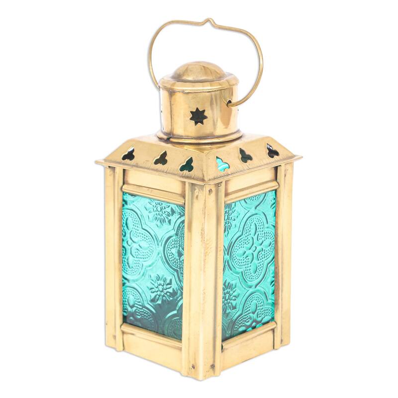 Novica Handmade Lantern In Green Glass And Brass Tealight Holder