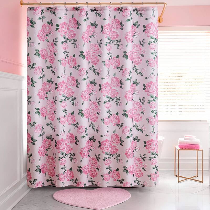 Juicy Couture 13-Piece Shower Curtain and Hooks Set - Pink Blooming Flowers