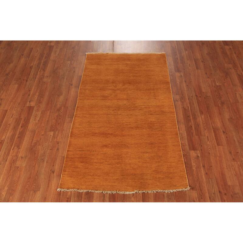 Modern Gabbeh Oriental Rug Hand-Knotted Solid Orange Wool Carpet - 3'2" x 5'7"