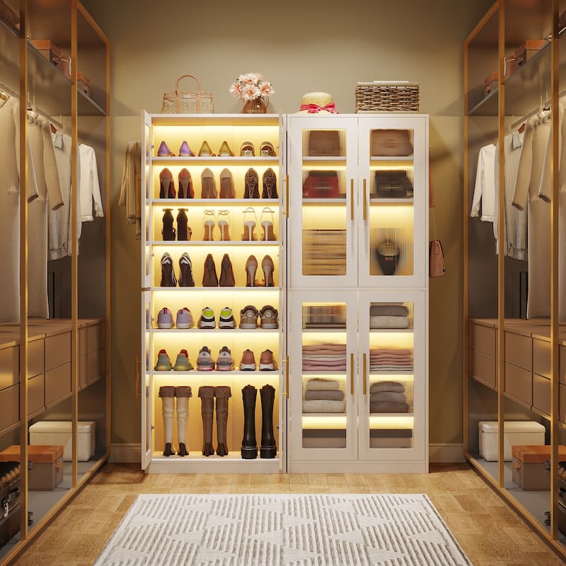 Modern Tall Entryway Shoe Storage Cabinet with Acrylic Doors and LED Light - 8-Tier