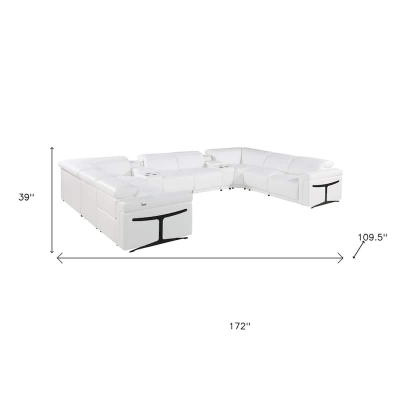 HomeRoots White Italian Leather Power Reclining U Shaped Ten Piece Corner Sectional With Console