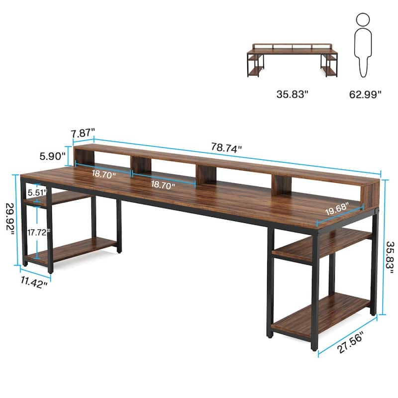Two Person Desk Long Computer Desk with Monitor Stand and Storage Shelves