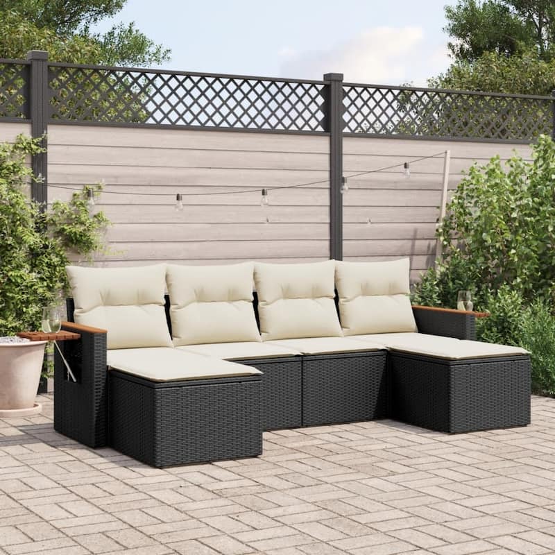 vidaXL Patio Sofa Set with Cushions Outdoor Furniture 6 Piece Poly Rattan - 21.7 x 21.7 x 14.6 in - Black and cream