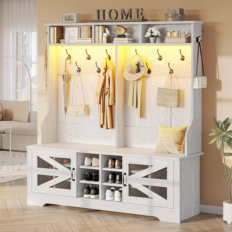 Hall Tree w/ Bench Shoe Storage Shoe Cubby Barn Door Adjustable Shelf