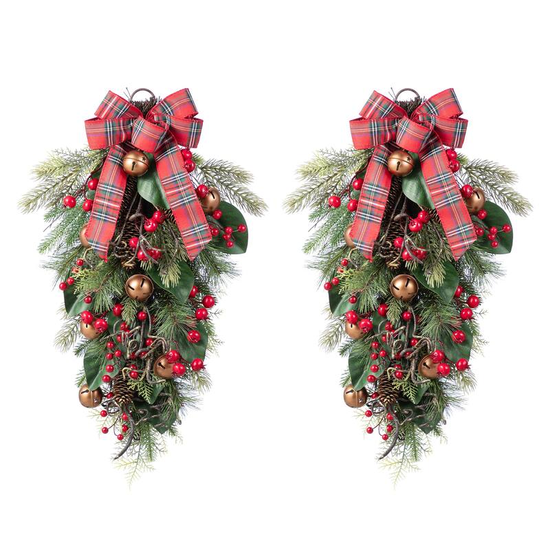 Glitzhome Christmas Bell Pinecone & Berry Bow Wreath Teardrop Garland Wall Decor - 2-Piece Teardrops