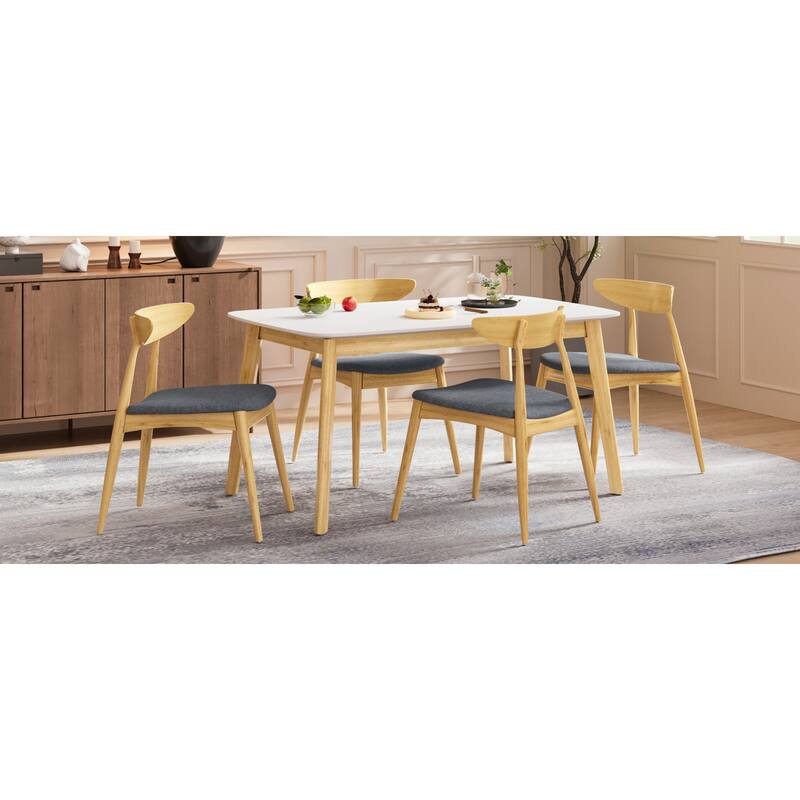 Roomfitters 5-Piece Scandinavian Dining Set, 59" White Oak Table with 4 Ergonomic Beige Upholstered Chairs
