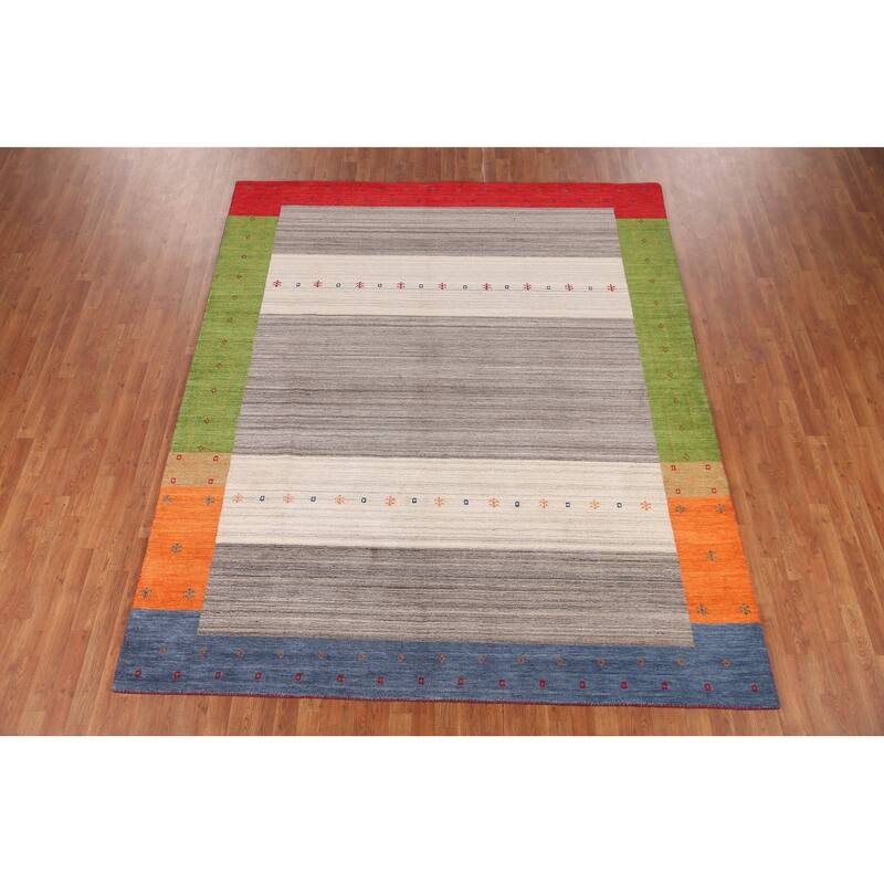 Striped Gabbeh Oriental Area Rug Hand-Knotted Multi-Color Wool Carpet - 8'1" x 9'8"