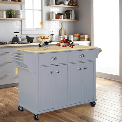 Kitchen Island with Wood Top, Kitchen Storage Cart on Locking Wheels, Mobile Island Table with 2 Drawers & Adjustable Shelves