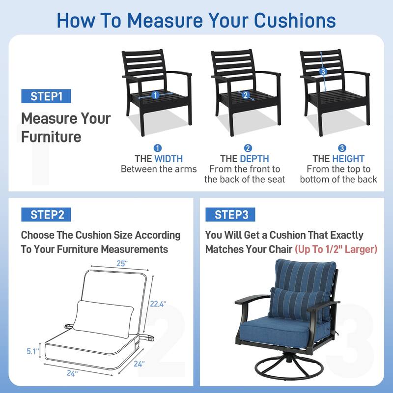 Aoodor 24'' x 24'' Outdoor Deep Seat Chair Cushion Set with Sponge Foam (Set of 2 Seats, 2 Backs, 2 Pillows) - 24"x24"