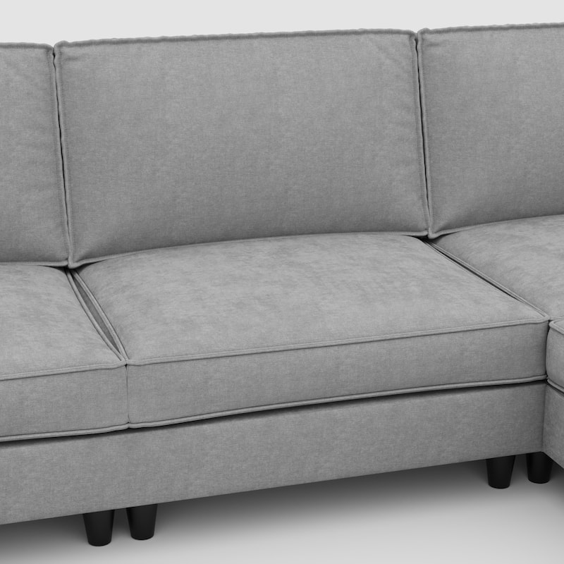 107.8'' 3 Seater L-Shaped Grey Fabric Sofa with Movable Ottoman & Arm Pockets