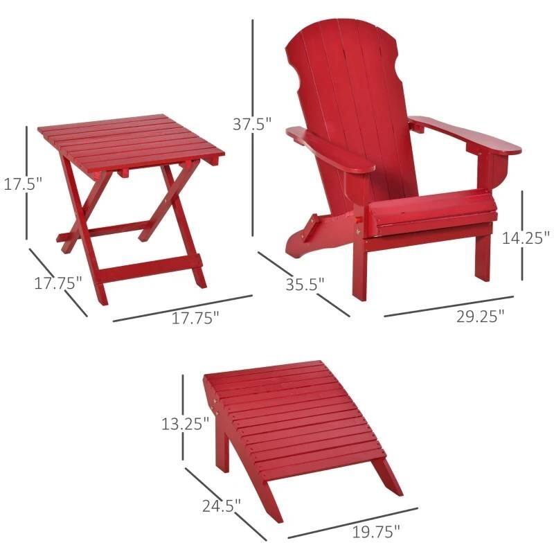 3-Piece Red Fir Folding Adirondack Chair Set with Ottoman and Side Table - 29.25" L x 35.5" W x 37.5" H