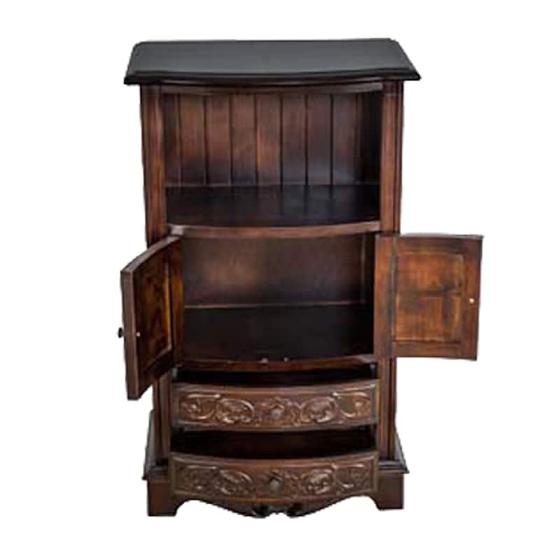 Engraved Wooden Frame Storage Cabinet with 2 Drawers and 2 Doors, Brown