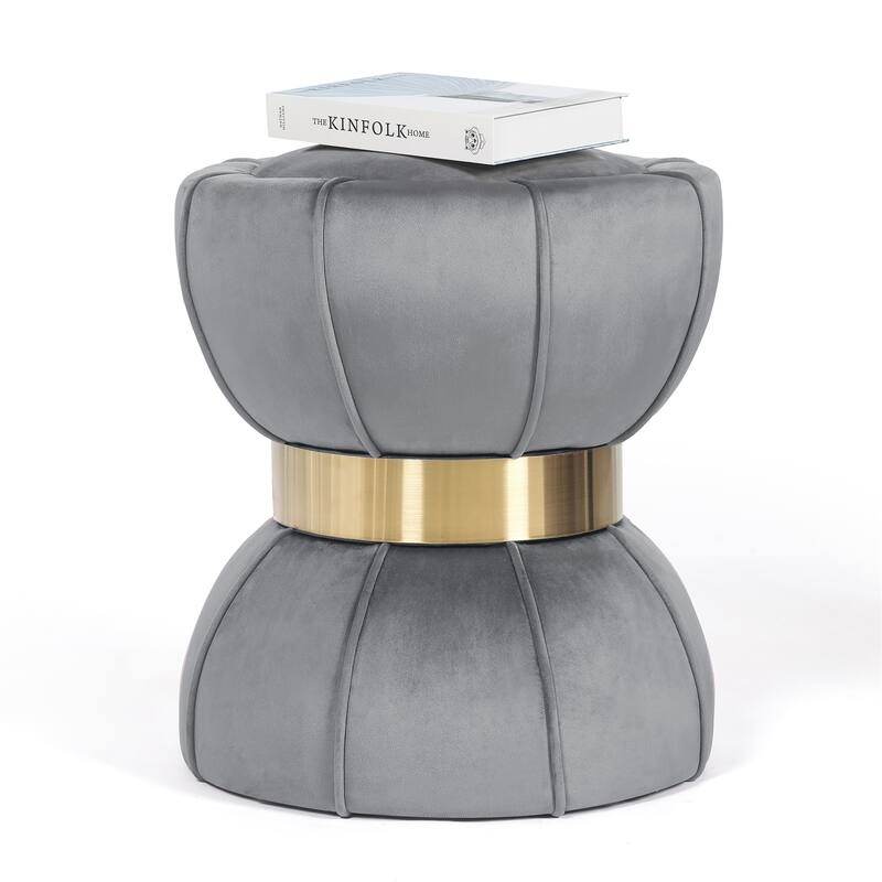 Adeco Modern Velvet Round Ottoman With Gold Metal Band - Grey