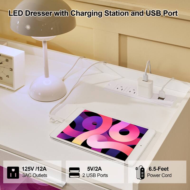 Javlergo 6 Drawers Double Dresser for Bedroom, Wood Chest of Drawers Storage Cabinets with Charging Station and LED Lights