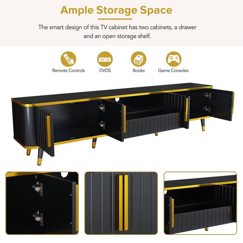 Elegant 79-Inch TV Stand with Ample Storage, Golden Elements, and Sleek Design - Ideal for Large Living Spaces.