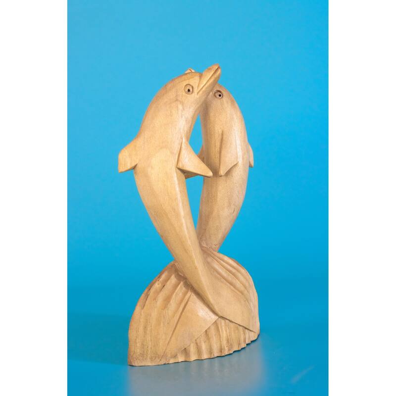 Wooden Hand Carved 2 Jumping Dolphin Statue Sculpture Wood Home Decor Accent Figurine Handcrafted Handmade Seaside Tropical