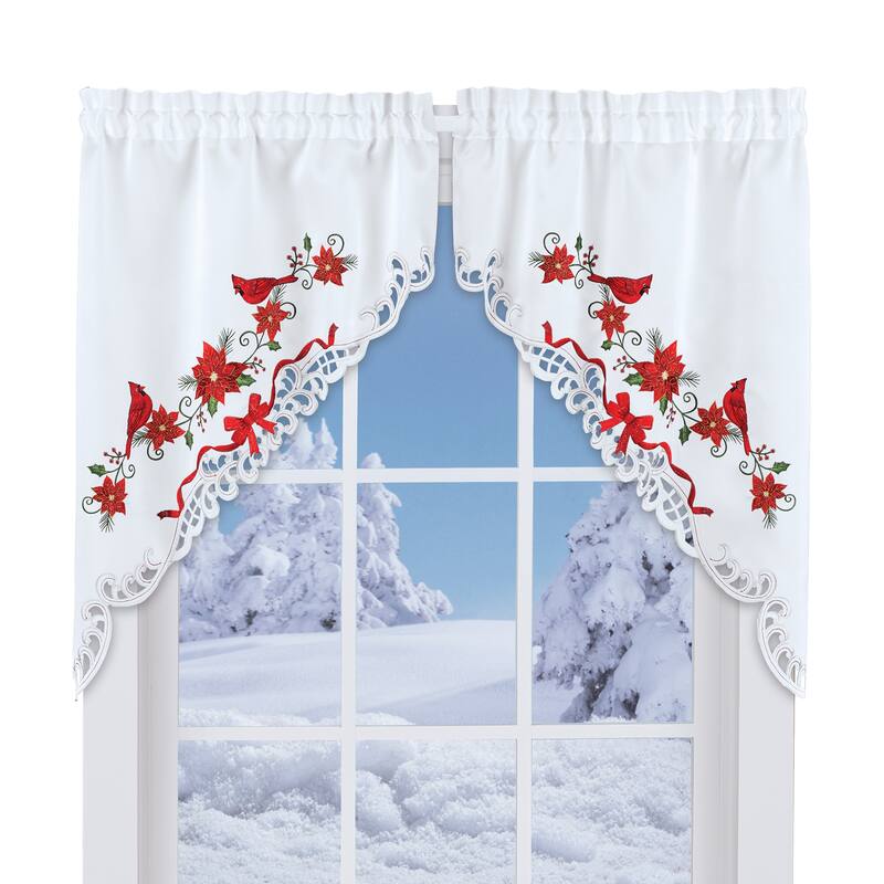 Festive Embroidered Cardinal Poinsettia Kitchen Café Curtains