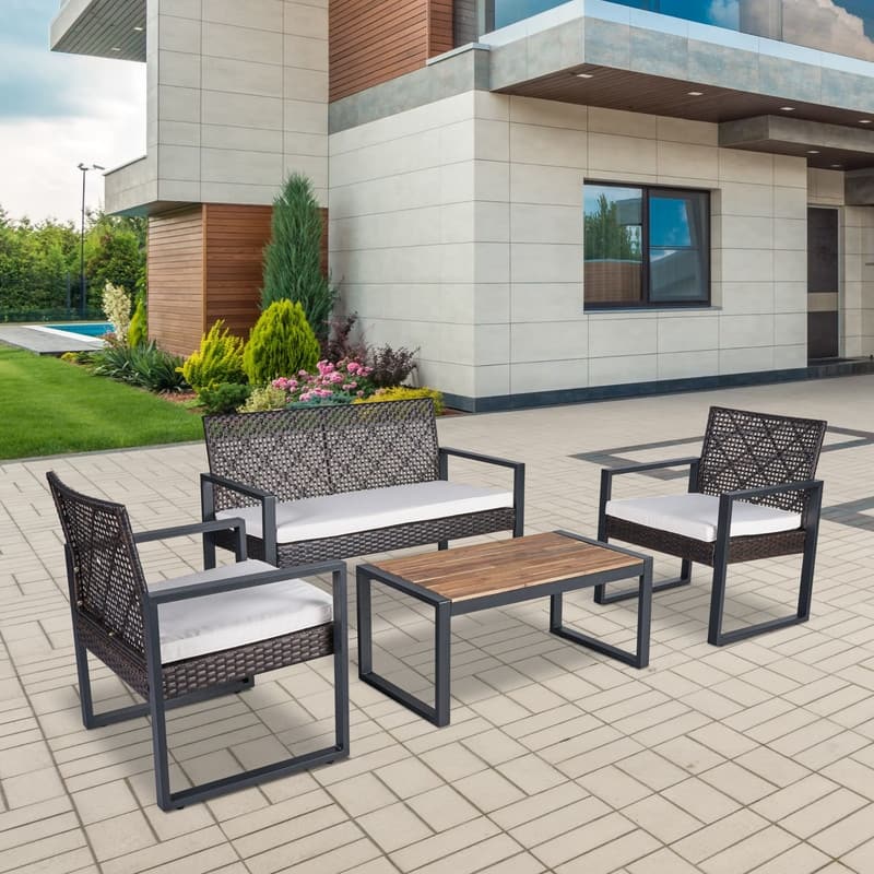 4-Piece Patio Furniture Set Outdoor Balcony Porch Garden Backyard Lawn Furniture Acacia Wood Table Top