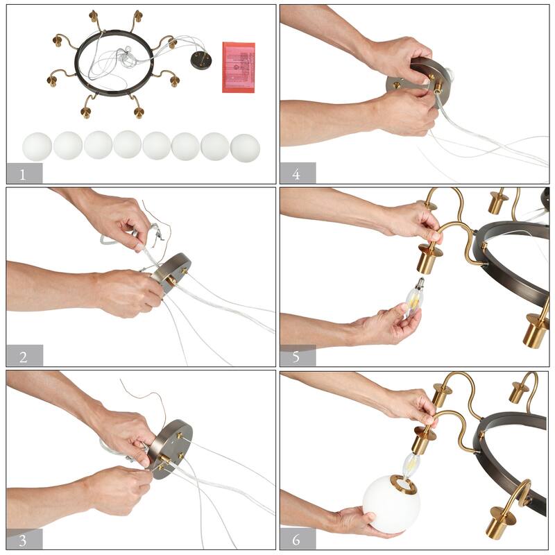 Aladari Mid-Century Modern 8-Light Wheel Chandelier Opal Orb Glass Lights - Black&Brass - 34.2"D*68"H