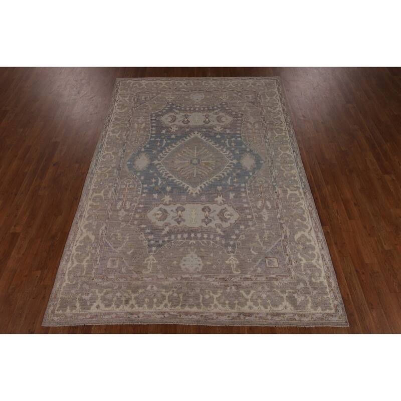Vegetable Dye Oushak Turkish Area Rug Grey Hand-Knotted Wool Carpet - 6'1"x 9'0"